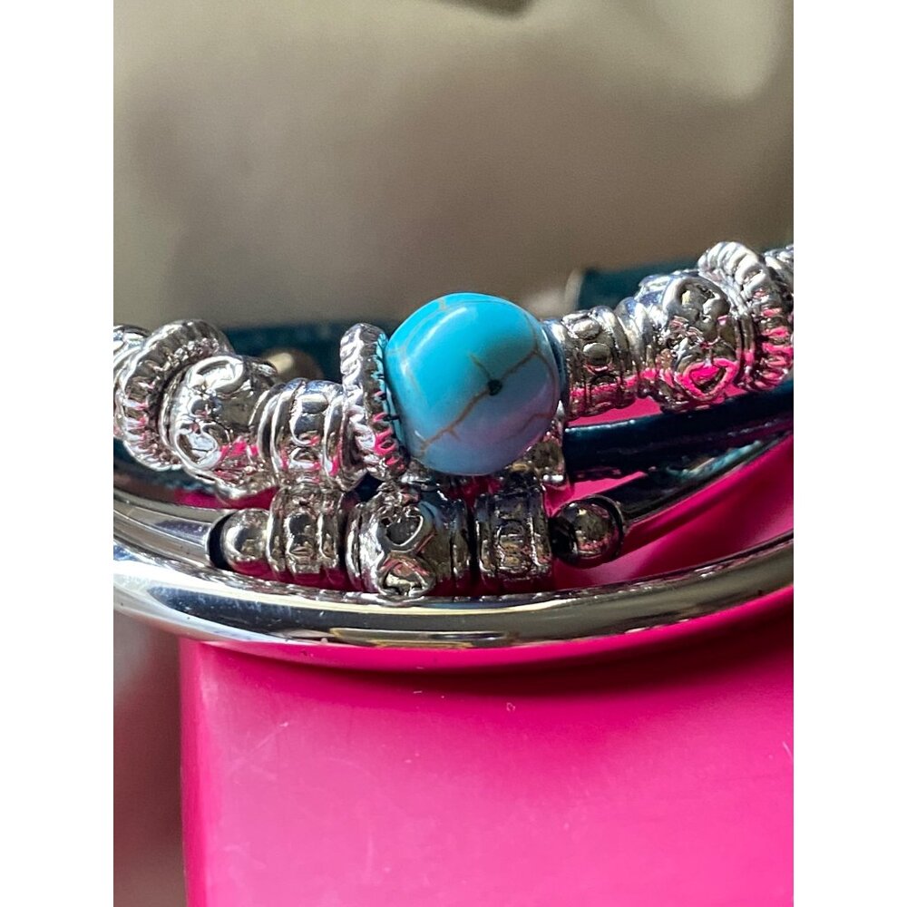 Avon Turquoise & Silver Charm Bracelet With Faux Leather Strap & Adjustable Clas